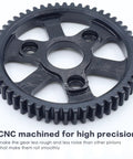 54T Hardened Steel Spur Main Gear for 1 Tenth Scale RC Cars, CNC machined, black oxide finish, close-up view