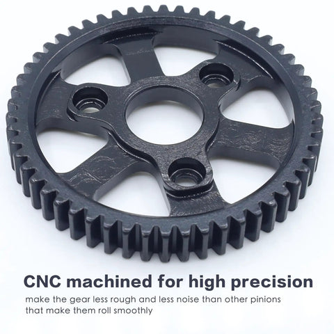 54T Hardened Steel Spur Main Gear for 1 Tenth Scale RC Cars, CNC machined, black oxide finish, close-up view