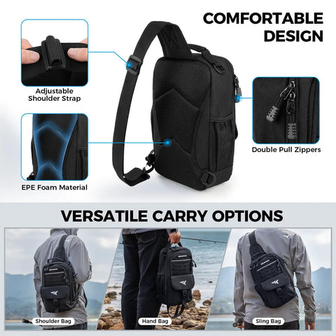 Everyday Essential Sling Tackle Bag And Tool Set with adjustable strap, EPE foam material, and versatile carrying options.