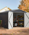 8x8 Ft Outdoor Metal Storage Shed With Lockable Doors in backyard with open doors showing organized tools inside