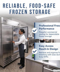 Heavy Duty Commercial 2 Door Stainless Steel Freezer 47 Cubic Feet Capacity 54 Inch Wide with easy access design in kitchen.