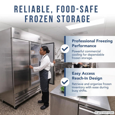 Heavy Duty Commercial 2 Door Stainless Steel Freezer 47 Cubic Feet Capacity 54 Inch Wide with easy access design in kitchen.