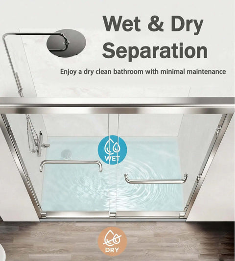 Top view of double sliding shower door in brushed nickel finish for 56 to 60 inch openings, 57 inch height, featuring wet and dry separation.