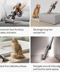 Four images showing V15 Detect Plus Cordless Vacuum With Illumination Revealing Dust cleaning furniture, pet hair, delicate surfaces, and edges.