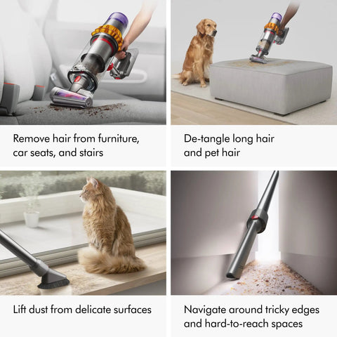 Four images showing V15 Detect Plus Cordless Vacuum With Illumination Revealing Dust cleaning furniture, pet hair, delicate surfaces, and edges.