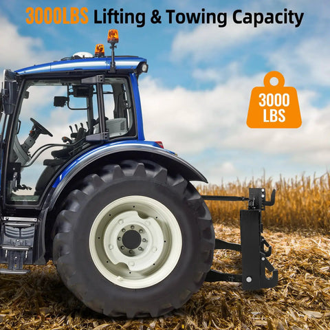 Category 1 tractor with 3 Point Quick Hitch for 3000 lbs lift capacity, showcasing beefy heavy duty steel in a farm field