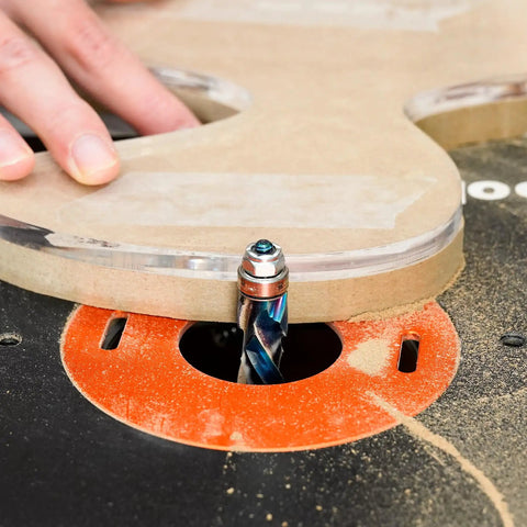 Coated Flush Trim Router Bit With 1/4 Inch Shank, 1/2 Inch Cutting Diameter, 1 Inch Cutting Length, Top And Bottom Bearing in use