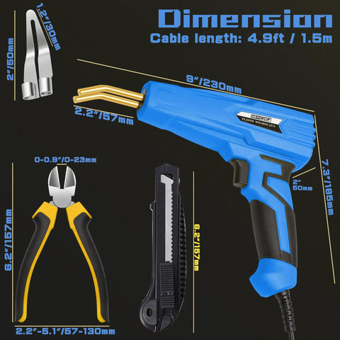 2 In 1 Plastic Welder And Hot Stapler Repair Kit with dimensions, smoothing tips, blue color, 400 staples, 110V heat control