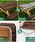 Comparison image showing waterproof picnic table cover set with elastic edges versus uncovered table and corner elastic tablecloth.