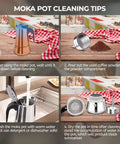 Moka pot cleaning tips with steps and images of a Two Cup 100ml Stainless Steel Moka Pot Espresso Coffee Maker For Stovetop Brewing With Italian Classic Greca Style Mocha Machine For Camping Travel And Home Use