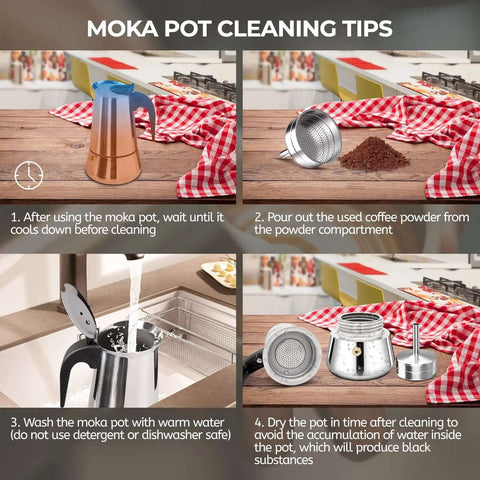 Moka pot cleaning tips with steps and images of a Two Cup 100ml Stainless Steel Moka Pot Espresso Coffee Maker For Stovetop Brewing With Italian Classic Greca Style Mocha Machine For Camping Travel And Home Use