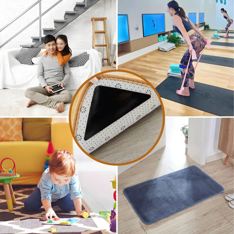 Collage of uses for Eight Pack Non Slip Rug Gripper Pads For Hardwood Floors And More No Fuss Double Sided Reusable Washable Carpet Grippers No Residue Removable Corner Holders For Area Rugs On Tile Laminate Vinyl Marble.