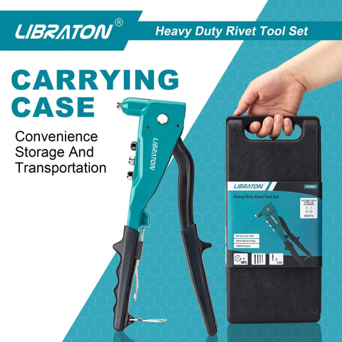 Heavy Duty Pop Rivet Gun Set With Aluminum Hand Riveter Workhorse 4 Interchangeable Heads 110 Piece Rivet Kit case shown
