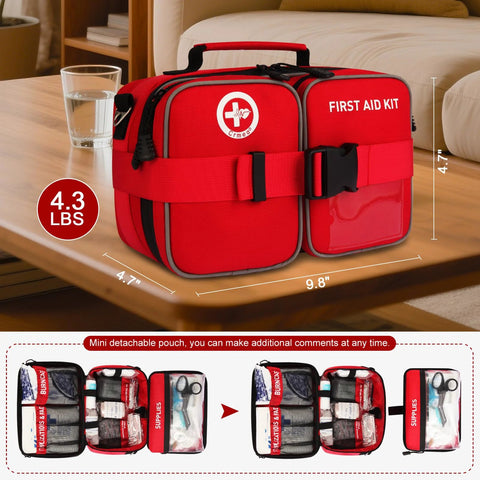Front view of Crmea red dual-pocket first aid kit with MOLLE strap; nylon pouch, 9.8×4.7×4.7 in.