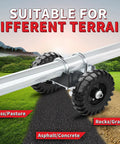 Rolling Gate Wheel Carrier Beefy 6 Inch Rubber Wheel on different terrains; grass, asphalt, rocks illustrating versatility.