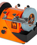 8 Inch Water Cooled Wet And Dry Sharpening System With 220 Grit Stone And Leather Strop Wheel, Adjustable Reservoir shown