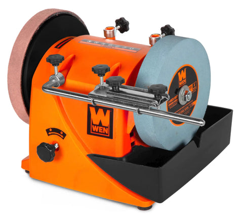 8 Inch Water Cooled Wet And Dry Sharpening System With 220 Grit Stone And Leather Strop Wheel, Adjustable Reservoir shown