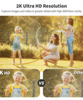 Children playing with garden hose showcasing 2K Ultra HD resolution. Solar Outdoor Wireless Security Camera With Twelve 500 Lumen LED Spotlights 2K 360 Degree View Color Night Vision PIR Motion Detection And Two Way Audio For Easy Install Backyard Surveillance.