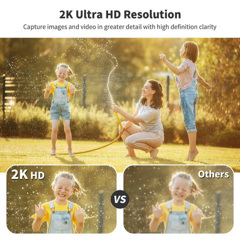 Children playing with garden hose showcasing 2K Ultra HD resolution. Solar Outdoor Wireless Security Camera With Twelve 500 Lumen LED Spotlights 2K 360 Degree View Color Night Vision PIR Motion Detection And Two Way Audio For Easy Install Backyard Surveillance.