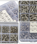 Go-To 700 Piece Stainless Steel Screw Set With Four Sizes 4-40, 6-32, 8-32, 10-24 Phillips Pan Head Screws, Nuts And Washers In Durable Storage Case For Electronics, Eyewear Repairs, DIY Projects, Furniture, Toys, And Light Vehicle Work in open case showing compartments.