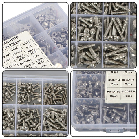 Go-To 700 Piece Stainless Steel Screw Set With Four Sizes 4-40, 6-32, 8-32, 10-24 Phillips Pan Head Screws, Nuts And Washers In Durable Storage Case For Electronics, Eyewear Repairs, DIY Projects, Furniture, Toys, And Light Vehicle Work in open case showing compartments.