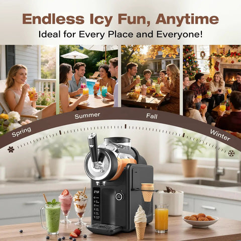 Smooth Operator Home Slushie And Soft Serve Ice Cream Maker With Zero Ice Needed Setup For Quick Frozen Sips and Creamy Blends in a kitchen setting.