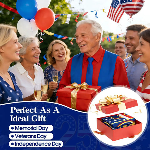Group celebrating with All American 250th Anniversary US Flag as a gift at outdoor party with balloons and decorations.
