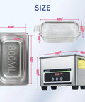 Diagram of 800Ml Ultrasonic Cleaner With Timer 40KHz Digital Jewelry Cleaner Sonic Cleaning Machine For Jewelry Watches Rings Coins And Diamonds 35W SUS304 Parts Cleaner, showing dimensions and stainless steel materials.