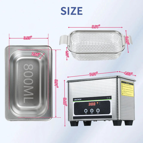 Diagram of 800Ml Ultrasonic Cleaner With Timer 40KHz Digital Jewelry Cleaner Sonic Cleaning Machine For Jewelry Watches Rings Coins And Diamonds 35W SUS304 Parts Cleaner, showing dimensions and stainless steel materials.