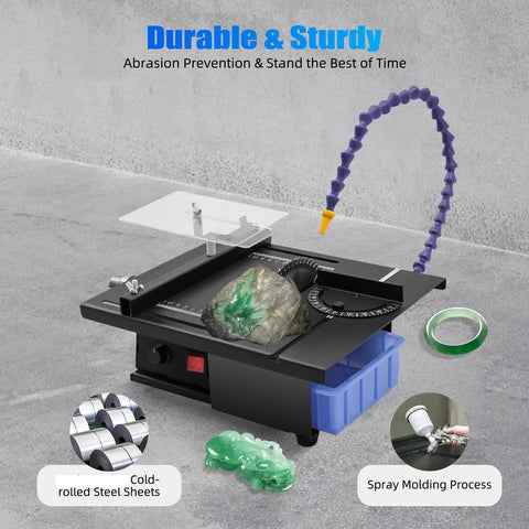 Heavy Duty Gemstone Faceting Machine With 7 Speed Settings For Cutting Grinding Polishing And Engraving Jade Crystal Rock Work Benchtop Stone Carving Tool Kit on a workbench with jade stone.