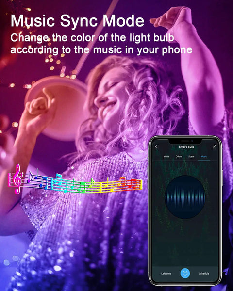 Smart A15 LED Bulbs 6W 40W Equivalent RGB Color Changing Dimmable With E26 Base app showing music sync mode in use