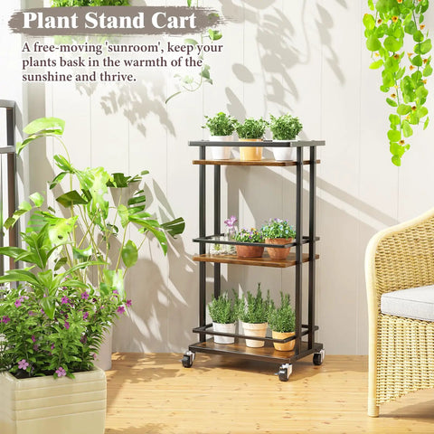 Slick Industrial 3 Tier Bar Cart With Smooth Rolling Wheels Antiqued Wood And Steel Liquor Cabinet For Home Bar Setup Serving Station And Kick Back Storage Rack with potted plants.