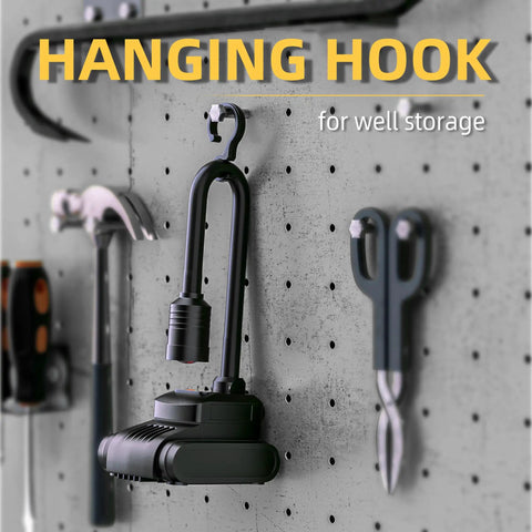 Boss Level Ultra Bright 2000 Lumen Magnetic Gooseneck Work Light hanging on pegboard with tools, featuring a hook for storage.