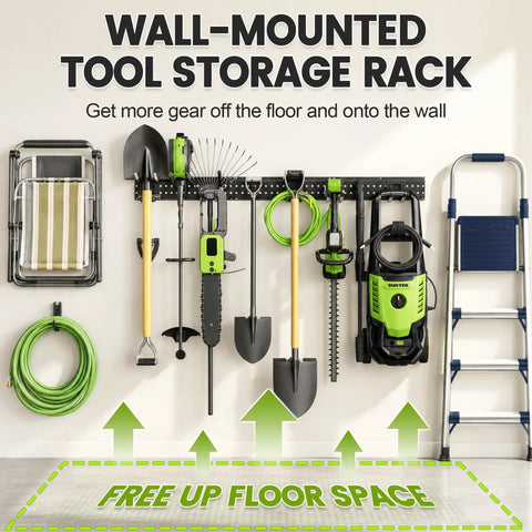 Heavy Duty Garage Wall Organizer Rack With Forty Nine Point Five Inch Wide Adjustable Hooks For Shovels Rakes Garden Tools Space Saving Storage Solution That Holds Four Hundred Pounds Kicks Clutter To The Curb And Level Up Your Workspace