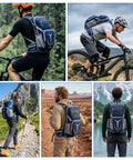 Men wearing Hydration Backpack With 3L Bladder 18L Leakproof Daypack For Trail Running Cycling Rave Festivals And Outdoor Sports Keeps Water Cold Up To 4 Hours Lightweight Water Pack For Men And Women Blue in outdoor settings.