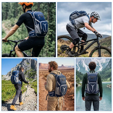 Men wearing Hydration Backpack With 3L Bladder 18L Leakproof Daypack For Trail Running Cycling Rave Festivals And Outdoor Sports Keeps Water Cold Up To 4 Hours Lightweight Water Pack For Men And Women Blue in outdoor settings.