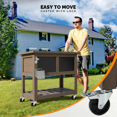 Man pushing 80 Qt Rolling Patio Cooler With Bottle Opener And Shelf For Backyard Hangouts And Gatherings, in Taupe Brown