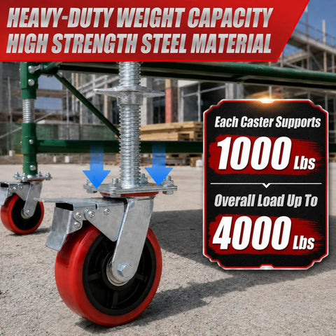 Heavy Duty 4 Pack 6 Inch Adjustable Scaffolding Caster Wheels With Roll Lock Brakes And High Rotation Swivel Design built tough, steel material with red rubber wheel.