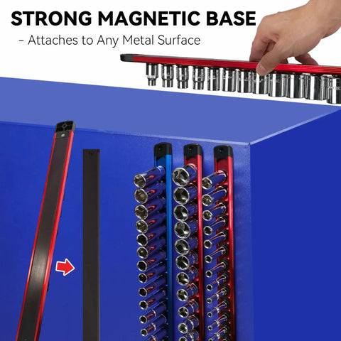 Magnetic Socket Organizer Set With Nine Detachable Trays For One Quarter Three Eighths And One Half Inch Sockets on toolbox