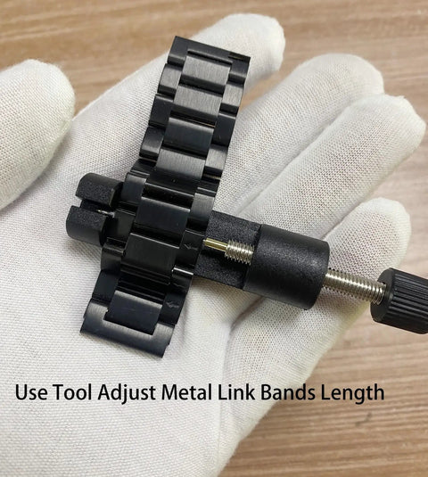 Watch Band Link Removal Kit For Metal And Stainless Steel Bands Pro Grade Tool Free Sizing Pin Remover held in gloved hand
