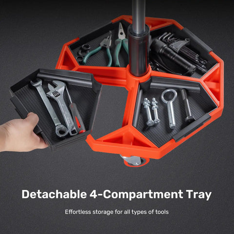 Built Tough Rolling Mechanic Stool With A Hefty 300 Lbs Rating, Adjustable Height Setup For Garage Shop Work, Swivels Slick On Floors, And Comes Loaded With Dual Tool Trays For Easy Access During Any Job