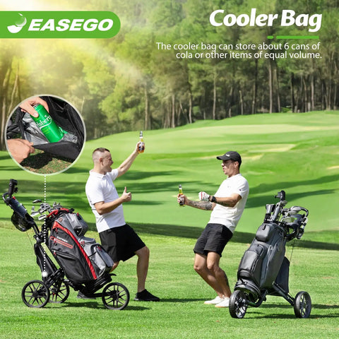 Two golfers enjoying drinks next to a three wheel golf push cart, featuring a cooler bag, smooth on the course.