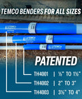 Different Temco benders for various pipe sizes, including TH4001, TH4002, and TH4003 for smooth bends in conduit.