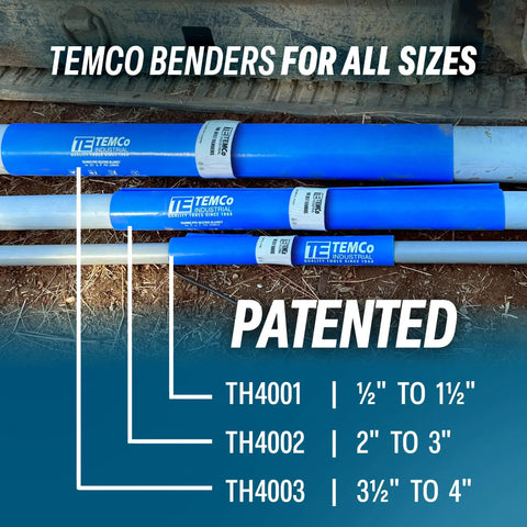 Different Temco benders for various pipe sizes, including TH4001, TH4002, and TH4003 for smooth bends in conduit.