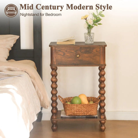 Mid Century Modern Nightstand With Drawer Rustic Walnut Finish And Spindle Wood Legs The Dope Compact Bedside End Table