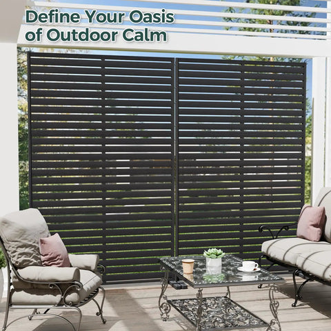 Outdoor Privacy Screen Set With Six Interlocking Freestanding Panels And Stand, 72 Inch Tall HDPE Fence With Louver Pattern on patio