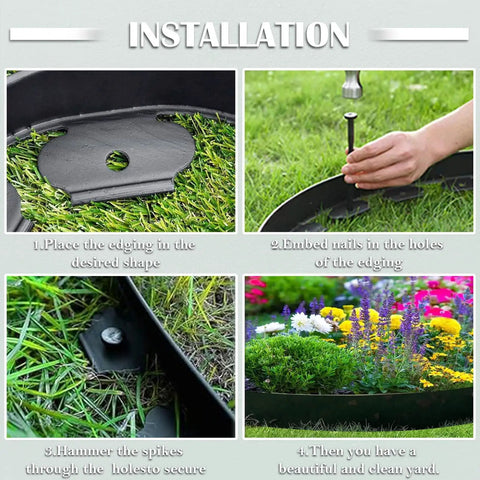 Installation steps for 40 Ft Black Garden Edging Kit With 2 Inch Tall Border, 8 Inch Spiral Anchoring Spikes, And Garden Pruning Scissors