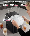 Nugget Ice Maker Countertop With Handle Ready In Four Minutes Produces Up To Forty Pounds Per Day Chewable Sonic Ice Self Cleaning Portable Ice Maker With Basket And Scoop For Home Party RV Camping Black on kitchen counter, ice in basket.