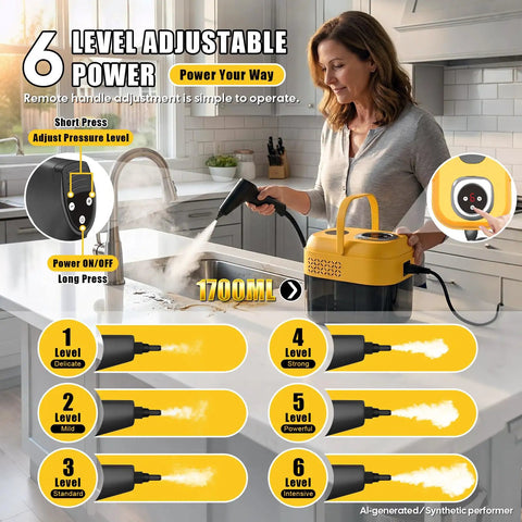 Woman using DXD Handheld Steam Cleaner 2500W High Pressure Portable Steamer for Home Use 1700ML to clean kitchen countertop.