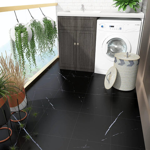 Laundry room with Black Marble Peel And Stick Floor Tiles 12 X 12 Inches Self Adhesive Vinyl Flooring Waterproof Durable For Kitchen Bathroom Basement Super Easy No Fuss Install 16 Pack Covers 15.5 Sq Ft